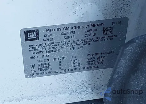 2021 Chevrolet Trailblazer Awd Activ из США, поврежденный, VIN KL79MSSL6MB035440